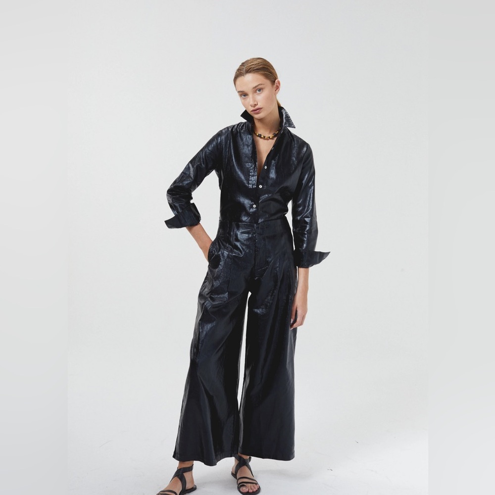 CULOTTE METALLIC LINEN PANTS - BLACK
